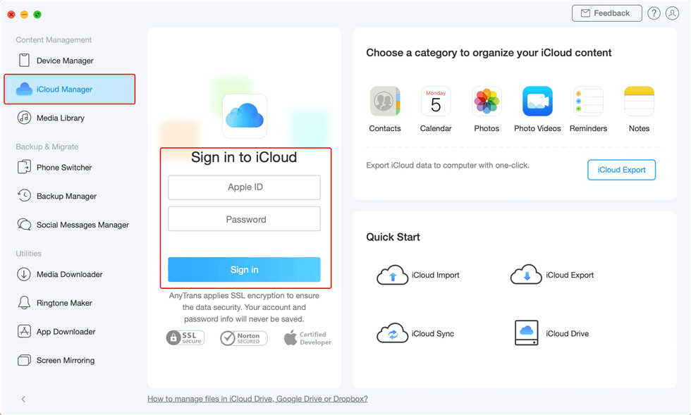 Коснитесь «Диспетчер iCloud» и введите Apple ID и пароль.