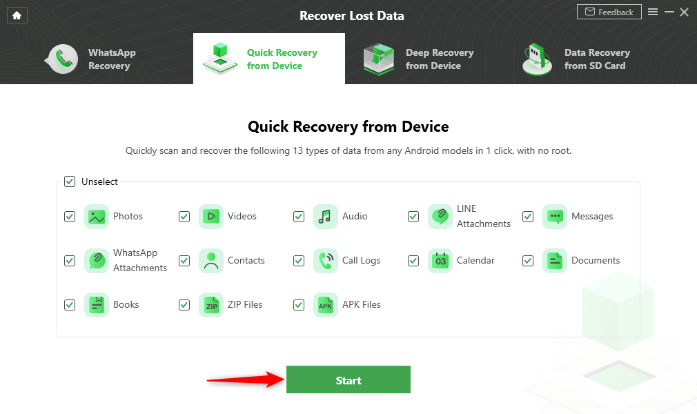 Выберите тип данных, который вы хотите восстановить