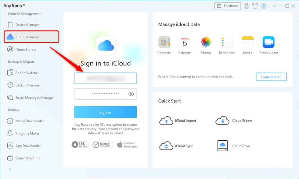 Войдите в учетную запись iCloud в AnyTrans