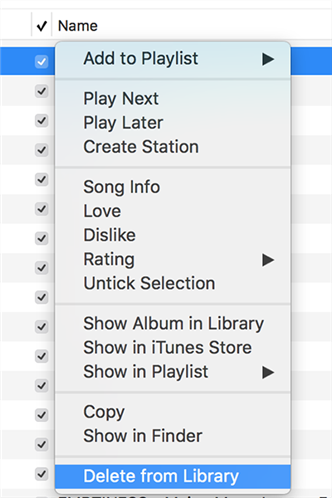 Используйте контекстное меню для удаления файлов в iTunes