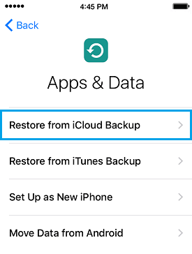 Восстановление из резервной копии iCloud на экране приложений и данных iPhone