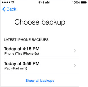 Выберите из экрана последних резервных копий iCloud на iPhone