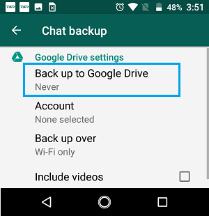 Вариант резервного копирования на Google Диск на экране настроек WhatsApp