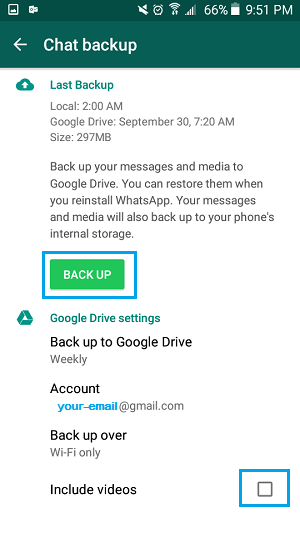 Резервное копирование WhatsApp на Google Диск на телефоне Android