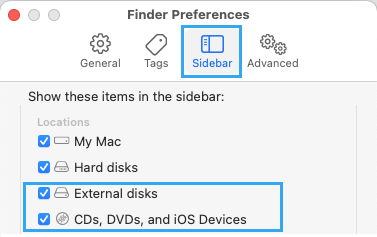 Показать внешние диски и устройства iOS на Mac