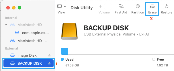 Параметр «Стереть диск» в Дисковой утилите на Mac