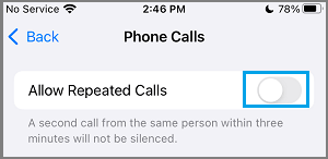 Отключить параметр «Разрешить повторные звонки» на iPhone 
