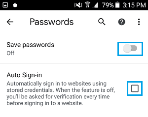 Отключить опцию сохранения паролей в браузере Chrome на Android