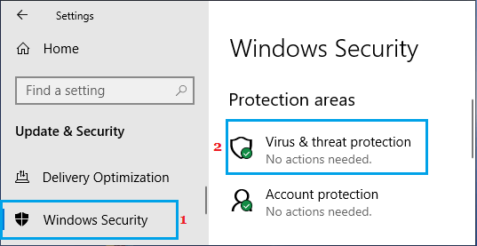 Опция защиты от вирусов и угроз в Windows 10