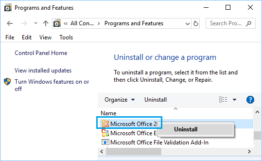 Удалите Microsoft Office с помощью панели управления