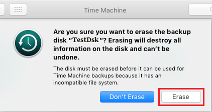 Запрос на удаление с диска во время установки Time Machine на Mac