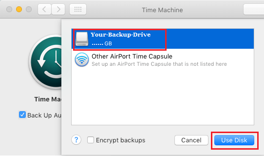 Выберите внешний диск для резервного копирования Time Machine на Mac