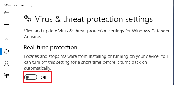 Отключить защиту в реальном времени Защитника Windows