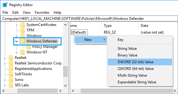 Создать новый ключ реестра в папке Защитника Windows