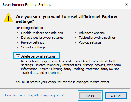 Сбросить настройки Internet Explorer и удалить личные настройки 