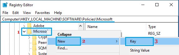 Создать новый ключ в папке Microsoft с помощью редактора реестра