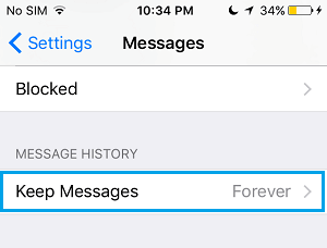 Опция «Сохранить сообщения» на экране настроек iPhone