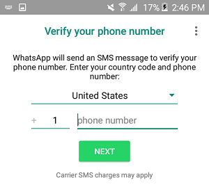 Подтвердите WhatsApp, введя номер телефона на телефоне Android