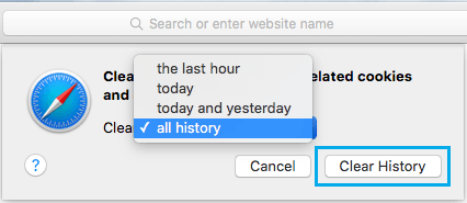 Параметр «Очистить всю историю просмотров Safari» на Mac