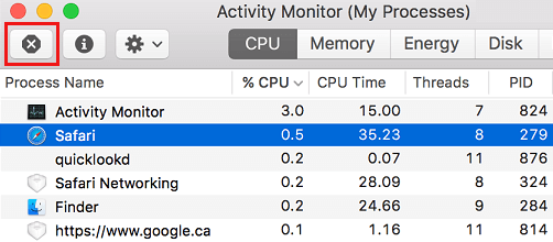 Принудительно закрыть приложение в Activity Monitor на Mac