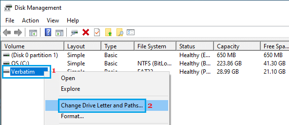 Изменить букву диска и параметр пути в Windows