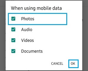 Разрешить WhatsApp использовать мобильные данные для загрузки фотографий