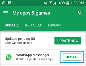 Обновите WhatsApp Messenger на телефоне Android
