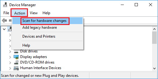 Параметр «Сканировать на наличие изменений оборудования» на экране диспетчера устройств Windows 10