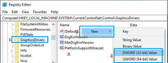 Создайте новый DWORD в папке GraphicsDrivers с помощью редактора реестра Windows