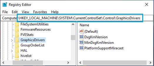 Папка GraphicsDrivers на экране редактора реестра Windows