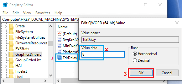 Измените значение DWORD GraphicsDrivers TdrDelay с помощью редактора реестра