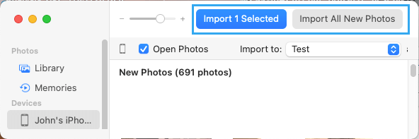 Перенос фотографий с iPhone на внешний жесткий диск с помощью приложения «Фотографии»