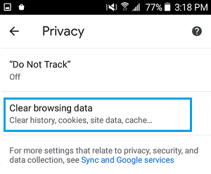 Очистить опцию просмотра данных в Chrome Android