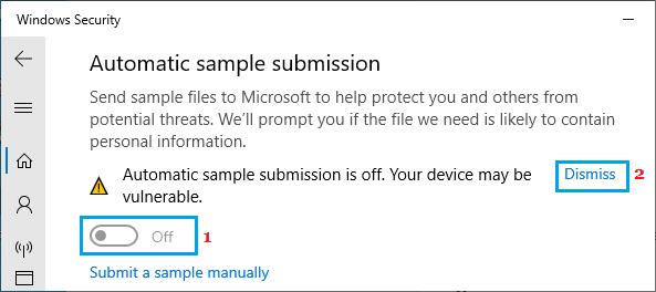Отключить автоматическую отправку образцов в Windows Security