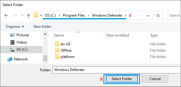 Добавить папку Защитника Windows в исключение