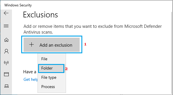 Добавить папку в параметр исключения в Windows Security