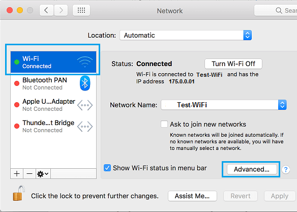 Кнопка Advanced на экране настроек сети Mac
