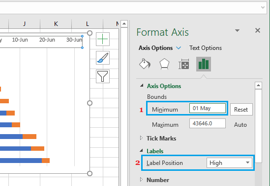 Установите минимальное значение и положение метки для столбчатой ​​диаграммы с накоплением в Excel