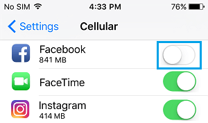 Отключить сотовые данные для Facebook на iPhone