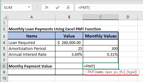 Синтаксис функции Excel PMT