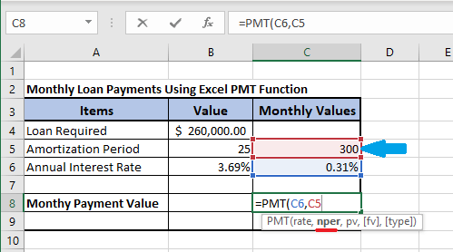 Введите nper в формулу Excel PMT