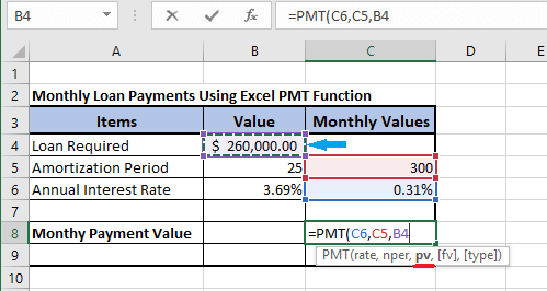Введите текущую стоимость ссуды в формулу Excel PMT