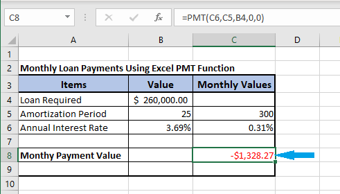 Ежемесячные выплаты по ипотеке с использованием функции Excel PMT