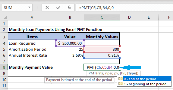 Введите тип в формулу PMT