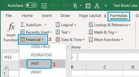 Получить функцию PMT из вкладки формул в Excel