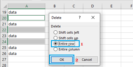 Удалить всю строку в Excel