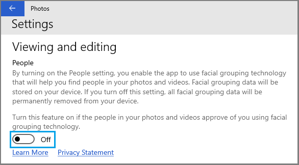Отключить распознавание лиц в приложении Windows Photos