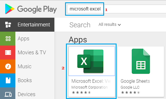 Найдите приложение Microsoft Excel в магазине Google Play