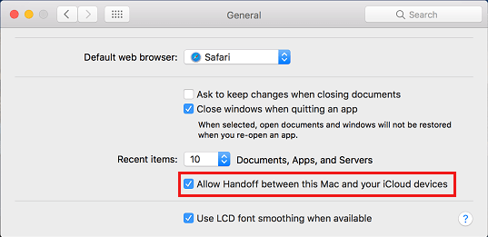 Разрешить передачу обслуживания между этим Mac и опцией устройств iCloud на Mac