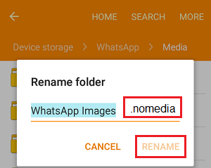 Переименуйте папку изображений WhatsApp в Nomedia на телефоне Android